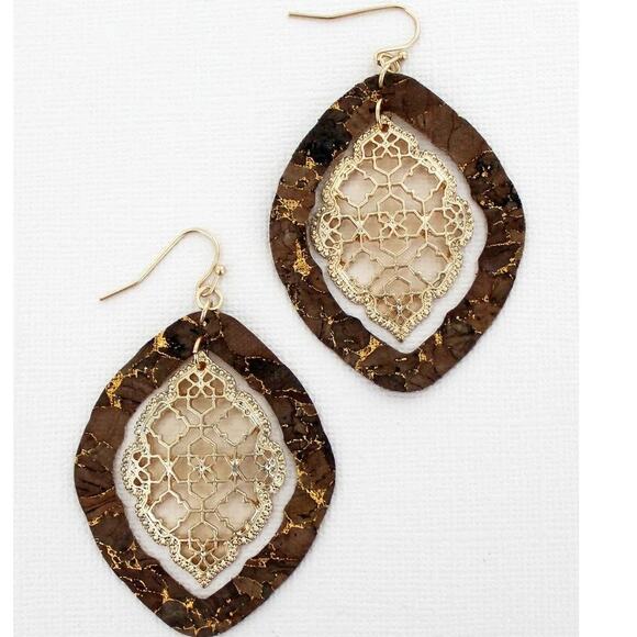 Brown Cork and Goldtone Moroccan Filigree Earrings - Picture 1 of 2